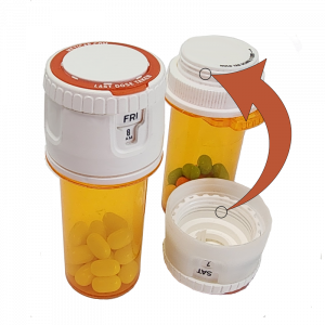 Meticap, a reusable medication timing cap, fits on existing 1-Clic pill vial lids.