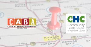 CABA logo and Community Health Council logo are overlayed on a map of the greater kansas city metro with a red thumbtack stuck on the kansas city, kansas side