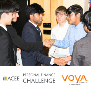 ACEE Personal Finance Quiz Bowl Challenge high school students shaking hands.