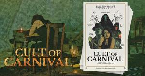 Harker in "Cult of Carnival" with the official book cover.