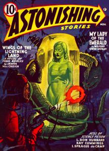 "The Last Drop" by L. Ron Hubbard published in the November 1941 issue of Astonishing Stories showing fantasy art cover with a beautiful green woman surrounding by a largest snake and spaceman shooting at the snake with his ray gun.