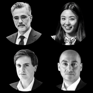 Black and white photo of Dr. Seth Dobrin, Jiazi Guo, Atticus Francken and Cyrus Hodes