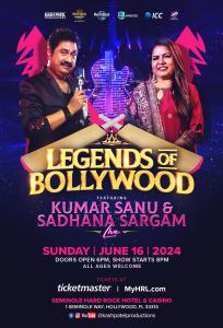 Bollywood singers Kumar Sanu and Sadhana Sargam performing at Hard Rock Live, Hollywood, FL, presented by Kash Patel Productions and Hard Rock Live during ICC T20 World Cup 2024