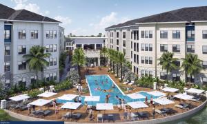 Rendering of pool between two buildings, people are lounging by the pool and appear to be having a fun time