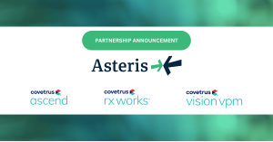 This image contains four logos, one for Asteris and three others for the Covetrus Veterinary Practice Management Software products the Asteris Keystone PACS software integrates with: 1) Covetrus Ascend, Covetrus RxWorks and Covetrus VisionVPM.