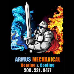 Logo for Armus Mechanical Heating & Cooling, featuring a knight with text "ARMUS MECHANICAL HEATING & COOLING 508-521-9477".