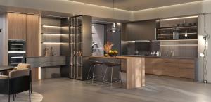 oppein modern walnut veneer and grey custom kitchen cabinets