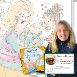 Photo of author Frances Mackay holding picture book Baby Worries