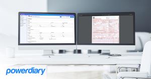 Dual computer monitors displaying Power Diary's US Claim Records and CMS-1500 form printing feature, showcasing the streamlined insurance claiming process.