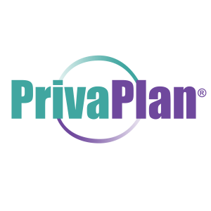 Image is a logo for the business PrivaPlan Associates, Inc. The image shows a circle with the top color in teal and the bottom color in purple with bold letters that spell PrivaPlan.