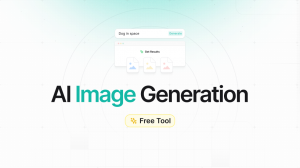 Illustration of AI Image Generation tool interface. A search bar at the top with the query 'Dog in space' and a 'Generate' button. Below, a window displaying 'Get Results' with three image placeholders. The text 'AI Image Generation' is prominently displa