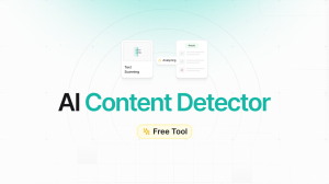 Illustration of AI Content Detector tool interface. On the left, a 'Text Scanning' icon is shown. In the center, a progress bar labeled 'Analyzing'. On the right, a 'Results' window with checkmarks. The text 'AI Content Detector' is prominently displayed