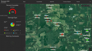 The Tempest 365 mobile app with a portion of a utility’s service territory and assets marked as damaged by assessors as well as a dashboard showing the assets’ location and percent of restoration completed.