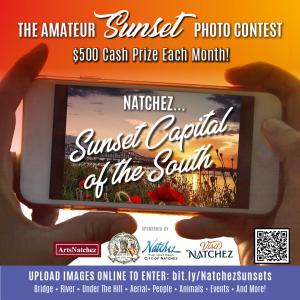 The Amateur Sunset Photo Contest, $500 Cash Prize Each Month! Natchez ...Sunset Capital of the South! Sponsored by The City of Natchez, ArtsNatchez, & Visit Natchez.  A pair of hands holding a mobile phone is backlight by sunlight. On the screen, a sunset