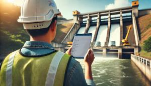 Man with a construction hat at a dam holding a tablet with ExAM4Enterprise on it.