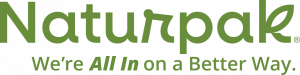 Green NaturPak logo with tagline, we're all in on a better way