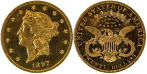 Proof example of the 1897 U.S. Liberty Head $20 gold coin, one of only 86 produced, out of which perhaps 35-50 are known (est. $30,000-$100,000).