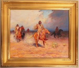 Stunning, detailed bright and vibrant depiction of Indians on the trail, possibly an unfinished painting by the renowned Western artist CM Russell, circa 1912-1914 (est. $100,000-$200,000).