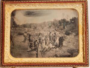 Half-plate daguerreotype image of 13 gold miners working their gold claim in Hangtown, Calif. (later Placerville, earlier Dry Diggins) during the California Gold Rush (est. $10,000-$15,000).