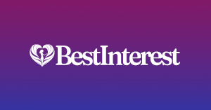 White text logo with a purple and blue gradient background, featuring a stylized heart with a figure inside and the words "BestInterest".