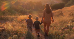 A family of three, a mother and two children, walking together on a hilltop, facing a vibrant sunset. The image symbolizes hope, unity, and a bright future.