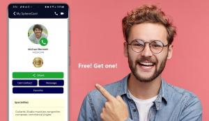 a man pointing to a free SphereCard and saying get one it is free