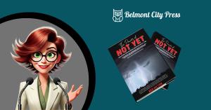 pic of book the power of not yet on teal green background and cartoon pic of woman wiht red hair speaking at microphones