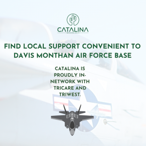 An image of a jet shows the concept of Catalina proudly accepts TRICARE and TriWest in-network to support veterans in recovering from PTSD and/or substance abuse.