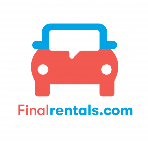 A blue and red logo with the words findrentals.com