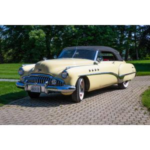 1949 Buick Model 76C Roadmaster convertible car with factory correct sequoia cream color and red leather interior, a beautiful and desirable post-war Roadmaster (est. CA$100,000-$120,000).