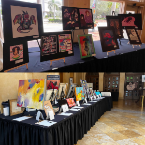 A display of various artworks, including paintings and mixed media pieces, at the Expressions Exhibition, showcasing local LGBTQ+ youth talent.