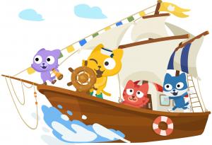 An image of a pirate ship with cat pirates representing Learn Spanish app for kids