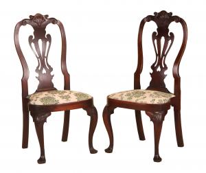 Early pair of Queen Anne walnut balloon seat side chairs made in Philadelphia, circa 1750-1760, with a history of descending in the Mendenhall family (est. $15,000-$30,000).