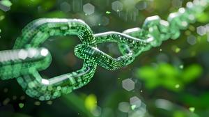 The digital chain in green brings technology, green energy and supply cain together.