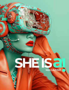 A futuristic green woman with orange clothing and goggles.