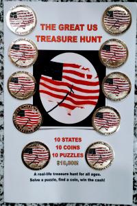 The Great US Treasure Hunt clue book with ten coins. The coins are metal, with the American flag logo that also appears on the book cover