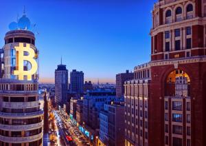 Watch Out Bitcoin Photograph with the Bitcoin B at the Callao Area in Madrid