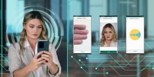 Image of woman looking at smartphone along with image of fingerprints, the woman's face and a voice pattern. Caption: •	MegaMatcher ID extends the system architecture of Face Verification, also from Neurotechnology, with the new Voice Verification and Sla