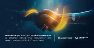 The image shows two hands shaking against a futuristic, digital background featuring molecular structures and medical symbols. A glowing yellow-orange ribbon swirls around the handshake, symbolizing collaboration and energy. The text reads: "Massive Bio p