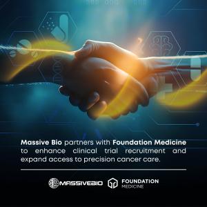 The image shows two hands shaking against a futuristic, digital background featuring molecular structures and medical symbols. A glowing yellow-orange ribbon swirls around the handshake, symbolizing collaboration and energy. The text reads: "Massive Bio p