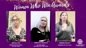 Three women receiving the 2024 NAWBO Orlando Women Who Win Awards. Mona Lou is awarded Emerging Business of the Year, Christa Santos is awarded Established Business of the Year, and Amber Kelley is awarded Member of the Year.