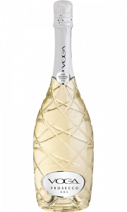 VOGA Italia Prosecco DOC Brut bottle: clear glass so the pale gold color shows through, etched in a large diamond pattern