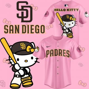 The jersey is presented in soft pink with the Padres name in bold, gold letters