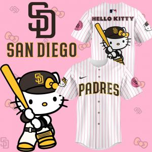 The jersey is a white pinstripe variant with "PADRES" printed in gold across the chest