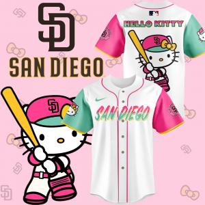 A white jersey with "San Diego" in a mint script, pink and mint accents