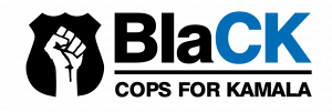 Black Cops for Kamala logo in black and blue letters with a raised fist in black inside of the silhouette of a police badge