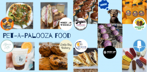 Photos and logos from the Pet-A-Palooza food: Marros Tacos, Whey on Wheels, Sugar Cinns Bake Shop, Doodle Mom Stop, Rize Up Bakery, Alpaca Latte, Little Sky Bakery, Cali Caracas, Pop Nation