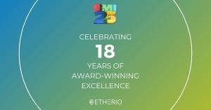Etherio celebrates 18 consecutive years on the CMI 25 list, highlighting award-winning event management excellence. Green and blue gradient background with CMI 25 logo and Etherio branding.