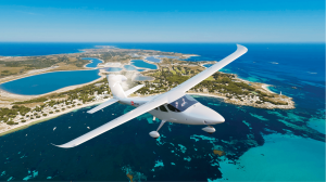 Smartflyer electric passenger plane flying over Rottnest Island