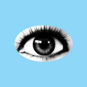 Introducing our Insights Solutions: a single halftone black and white pop art eye set against Fathom's signature sky blue backdrop. This design captures our laser-focused research approach, symbolizing clarity and precision.